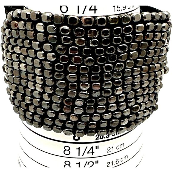 Gunmetal Cube Beaded Stretch Bracelet Wide Band Stretch Black Elastic Slide on - Picture 5 of 7